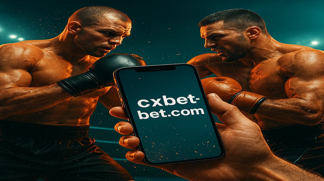 cxbet ব্র্যান্ডের সহায়তায় দুটি শক্তপোক্ত বক্সার লড়াইয়ের ভঙ্গিতে—একজন হাতে স্মার্টফোন ধরে গেমিং অ্যাপটি দেখাচ্ছে, চারপাশে জ্বলজ্বল করা স্টেডিয়াম পটভূমি।