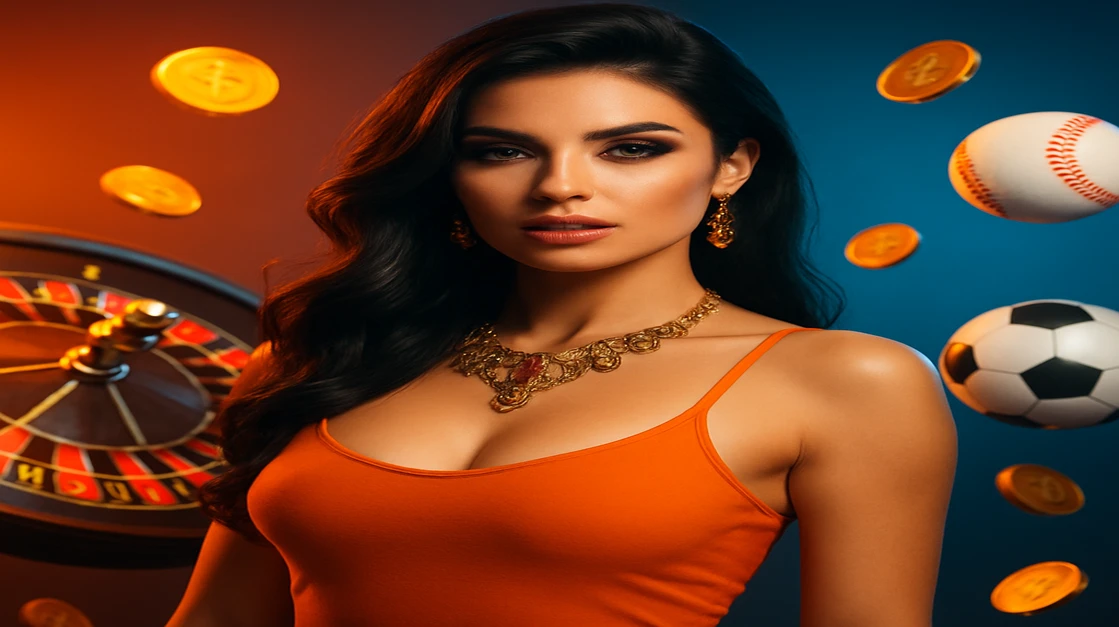 cxbet গেমিং প্ল্যাটফর্মে এক জেদি নারী, কমলা টপ ও ট্যাটু-সমৃদ্ধ, একটি বেসবল হাতে; চারদিকে গেম-উপকরণ ও উড়ন্ত ফুটবল-চিহ্ন ছড়িয়ে আছে।