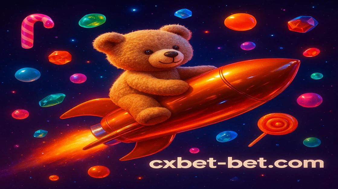 cxbet ব্র্যান্ডিংসহ একটি মিষ্টি টেডি বিয়ার স্বর্ণালী রকেটে চড়ছে, খোলা মহাশূন্যে উড়ন্ত রঙিন ক্যান্ডি ও মিষ্টি চারপাশে ছড়িয়ে আছে।