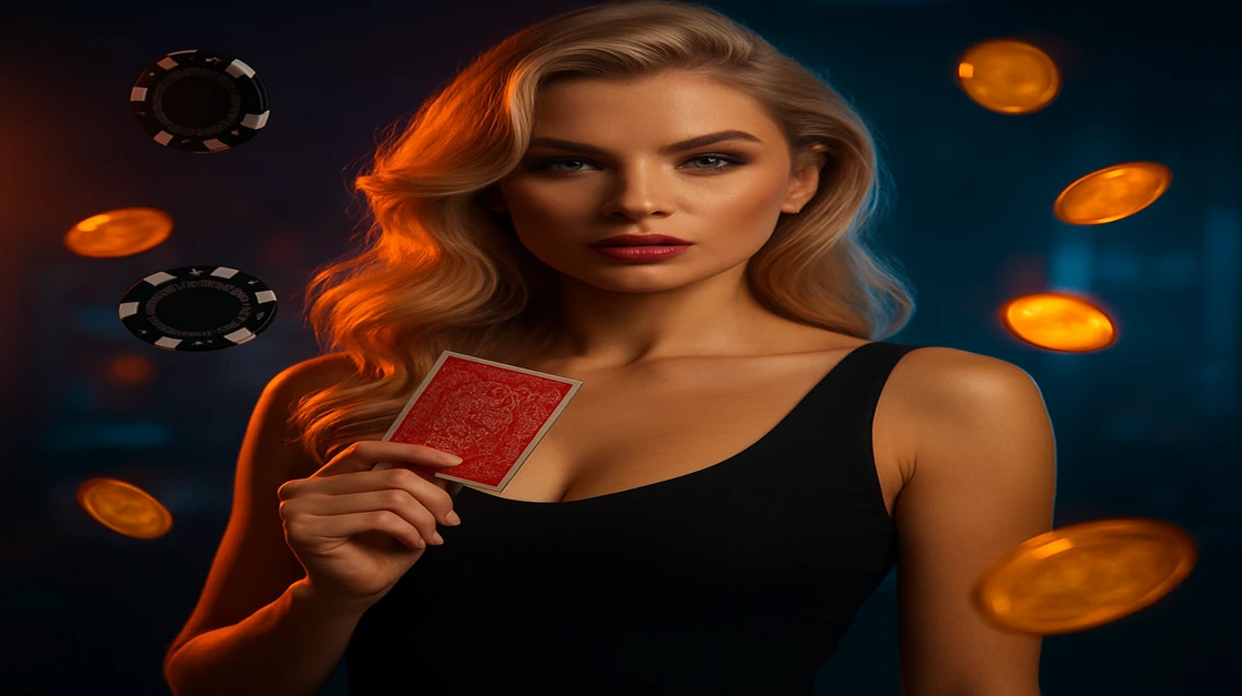 হালকা সোনালি চুলের এক নারী কালো পোশাক পরে, হাতে লাল প্লেয়িং কার্ড ধরে, চারপাশে ভাসমান বিটকয়েন ও রত্ন এবং cxbet-গেমিং প্ল্যাটফর্ম-থিমযুক্ত জ্বলন্ত পটভূমি।