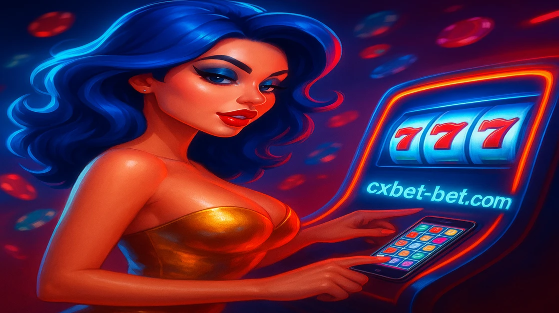 cxbet-এর কার্টুন-স্টাইলের এক নারী, নীল চুল ও সোনালি টপ পরে, মোবাইল ধরে আছেন; স্ক্রিনে রঙিন গেম-চিপ ও লগইন স্ক্রিন ঘেরা দৃশ্য।