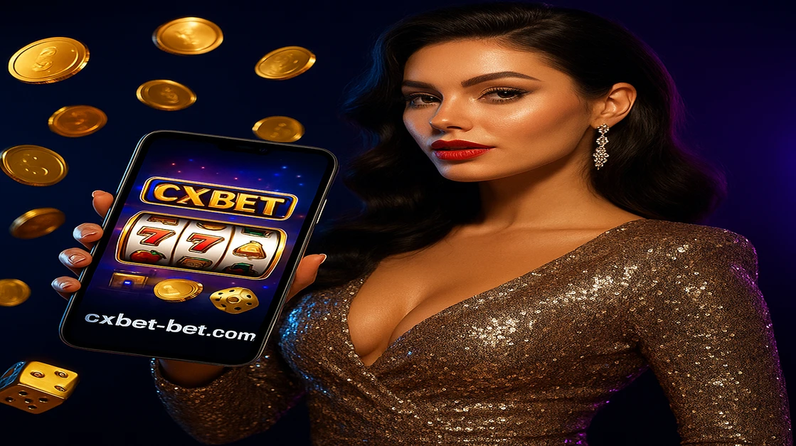 cxbet-এর গেমিং প্ল্যাটফর্ম-এ একটি স্টাইলিশ নারী স্মার্টফোনটি হাতে ধরে স্ক্রিনে একটি বিনোদনমূলক গেম দেখাচ্ছেন; চারপাশে ঘূর্ণমান মুদ্রা ও পাশা ছড়িয়ে আছে।