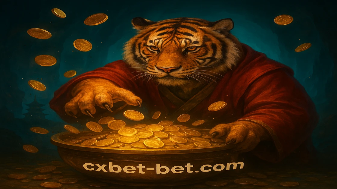 cxbet এর নকশাযুক্ত টাইগার লাল পোশাক পরা সোনা মুদ্রা ধরছে; পেছনে এশীয় মন্দির এবং চারদিকে স্বর্ণালী আলো ছড়িয়ে আছে।